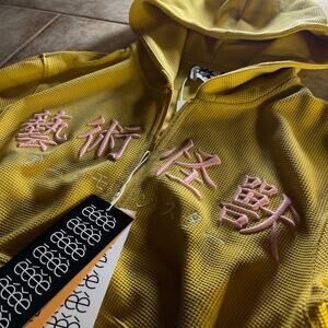 Vintage Wash Waffle Thermal Zip-Up Hoodie Embroidered Yellow Pink size S